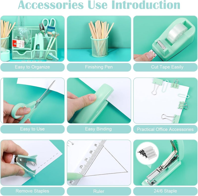 AuraRay Green Desk Organizers and Accessories, Teal Office Supplies Set Green Mesh Desk Organizer, Stapler, Tape Dispenser, 1000 Staples, Staple Remover, Pen Holder, Clips Set, Ruler, Scissors - Image 4
